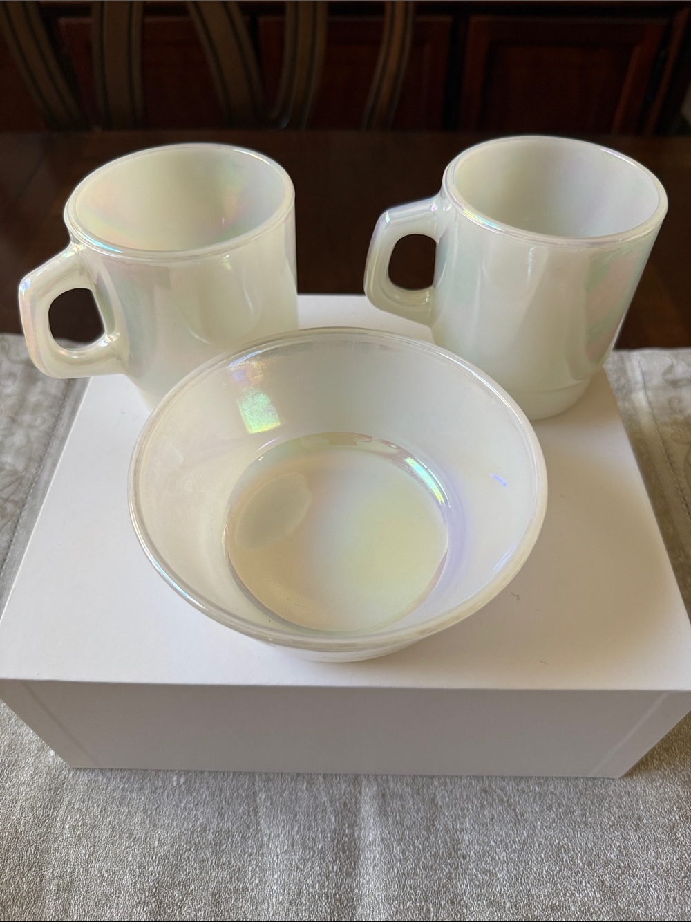 Anchor Hocking Fire King Aurora moon glow Iridescent milk Glass Mugs & Bowl Set